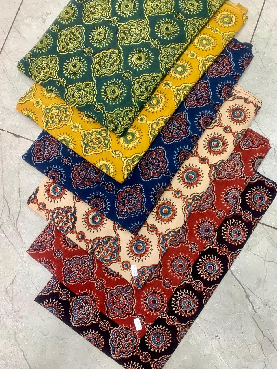 Ajrakh pure cotton handblock printed fabric featuring multicolour butta design